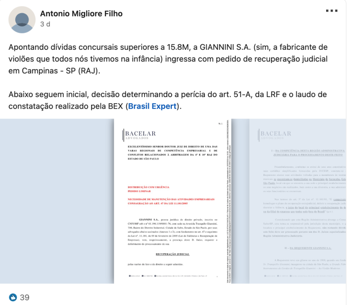 Advogado Antonio Migliori Filho publicou o processo em seu Linkedin.