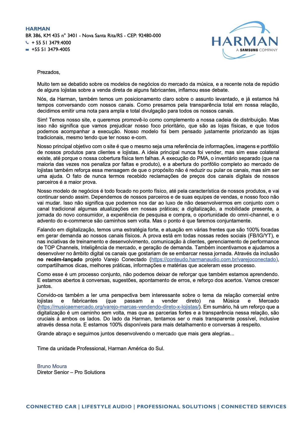 Carta aberta ao mercado 
 da Harman do Brasil: posição da empresa explícita