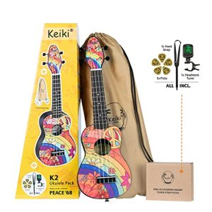 Ortega Guitars, Pacote de Ukulele Soprano Série Designer de 4 cordas - Icludes: Tuner, Picks, Strap & Tote Bag, Right, Peace '68, (K2-68)