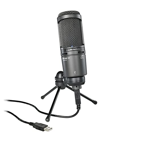 Audio-Technica AT2020USB + microfone condensador cardioide USB, com entrada de fone de ouvido integrada e controle de volume, perfeito para criadores de conteúdo (preto)