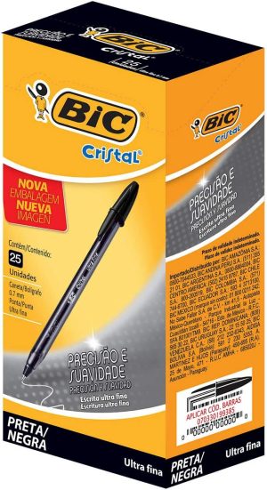 Caneta Esferográfica BIC Cristal Precisão e Suavidade, Preta, Ponta Ultra Fina, 0.7mm, 902489, 25 unidades