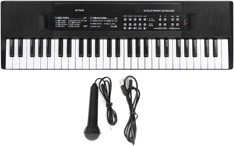 Eujgoov Teclado musical eletrônico BF-5438 portátil teclado de piano multifunção de 54 teclas com microfone e cabo de alimentação USB
