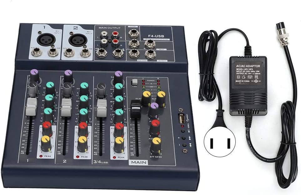 F4-USB Mixer Stage Mixer Mixer de áudio Desempenho Karaokê Live Medidor de nível principal de LED de 5 segmentos Mixer de palco de 4 canais (US Plug 110V)