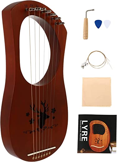 Generic 7 cordas de metal lira harpa instrumento 7 cordas de metal lira mogno kit de instrumentos lira harpa de lítio: cordas