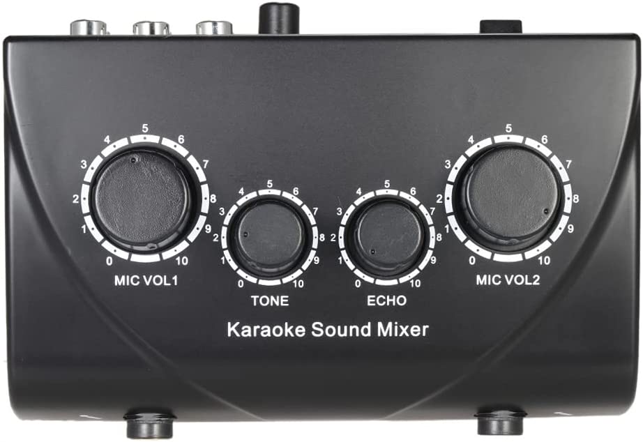 KKcare Mixer de áudio estéreo de som de karaokê portátil duas entradas de microfone com cabo rca adaptador de alimentação para tv pc smartphone amplificador