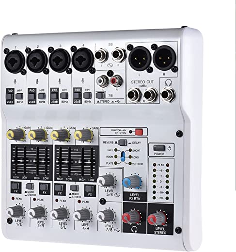 Moniss Am-6R Mixer De Áudio Digital De 8 Canais, Console De Mixagem, Suporte De Alimentação Fantasma De 48 V, Alimentado Por Cabos Usb De Banco De Potência De 5 V
