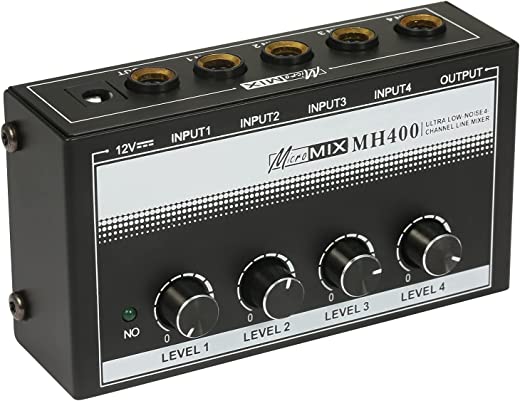Moniss Mini mixer de áudio de 4 canais de ultra baixo ruído MH400 com entradas TS de 1/4 de polegada e controle de volume de saída para guitarras teclados de baixo