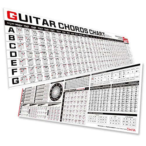 Tabela de referência de guitarra de acordes de violão em formato de triade, conjunto de pôster de gráfico de acordes de guitarra laminado (conjunto com 2) para guitarra, iniciante, adulto ou criança para aprender guitarra elétrica acústica, à prova d'água
