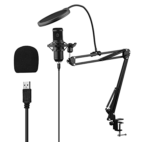 Tomshin Conjunto de microfone condensador USB com braçadeira de montagem em mesa Suporte de braço de tesoura Filtro pop Muff Shock Mount Cabo USB para bate-papo de voz Gravação de fala ao vivo