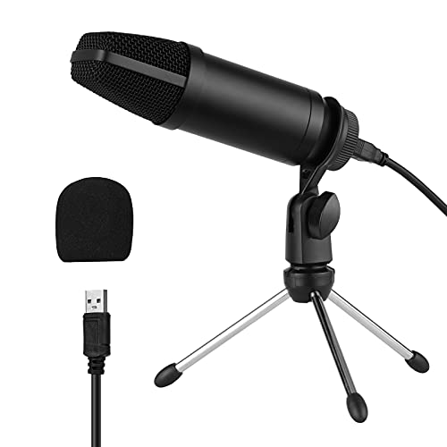 Tomshin Conjunto de microfone condensador USB com tripé de microfone dobrável Cabo de alimentação USB Espuma Wind Muff para gravação de voz ao vivo, conversação de voz