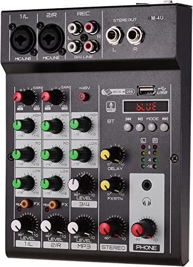 Tomshin M-4U Console de mixagem BT de 4 canais portátil Mixer de áudio digital Efeitos de reverberação integrados + 48V Phantom Power EQ de 3 bandas DC 5-12V Fonte de alimentação para gravação DJ N