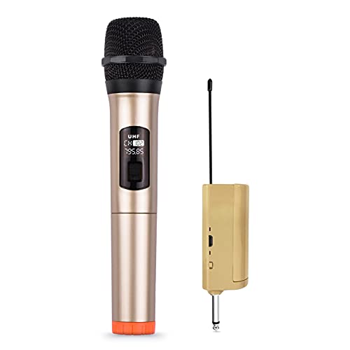 Tomshin Microfone sem fio portátil UHF Mic dinâmico com mini receptor portátil Plugue de 6,35 mm compatível com sistema de alto-falante Karaokê Sistema de home theater Amplificador de placa de som