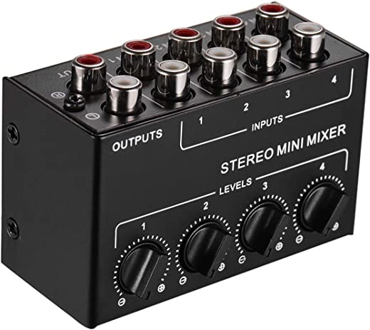 Tomshin Mini mixer de áudio estéreo com entradas RCA de 4 canais Controles de volume separados Full Metal Shell