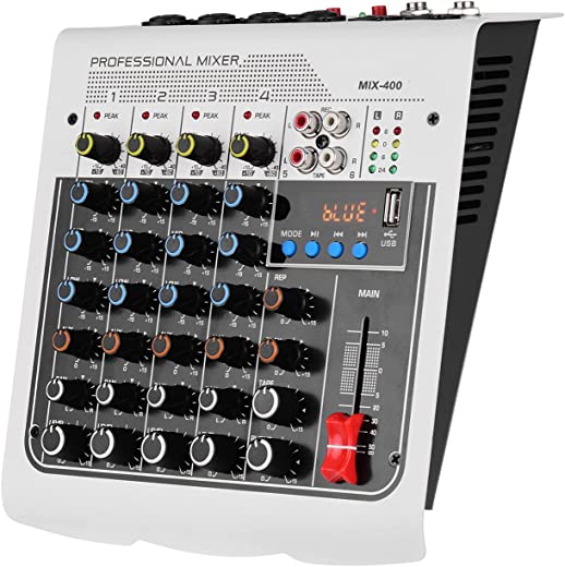 Tomshin MIX-400 Professional Mixer de áudio de 6 canais Console de mixagem EQ de 3 bandas com efeitos de retardo de reverberação + 48V Phantom Power Conexão sem fio para gravação de DJ Network Tran