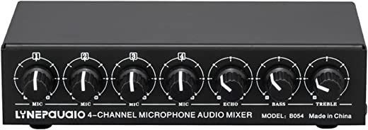 Tomshin Mixer de microfone de 4 canais com suporte para saída estéreo Mini mixer de áudio com ajuste de agudos e graves de reverberação
