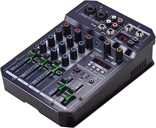 Tomshin Placa de som portátil de 4 canais T4 Mixer Console de mixagem de áudio 16 DSP 48V Phantom power integrado Suporta conexão BT Função de gravação de reprodutor de MP3 Fonte de alimentação 5V
