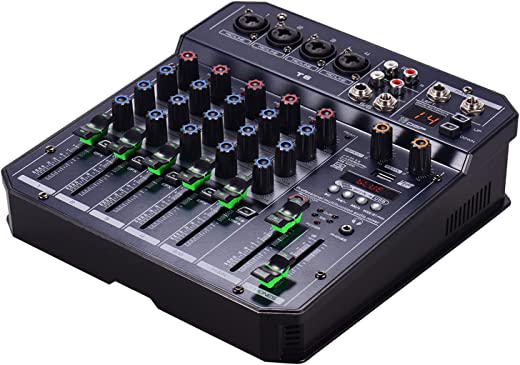 Tomshin Placa de som portátil de 6 canais T6 Mixer Console de mixagem de áudio 16 DSP 48V Phantom power integrado Suporta conexão BT Função de gravação de reprodutor de MP3 Fonte de alimentação de