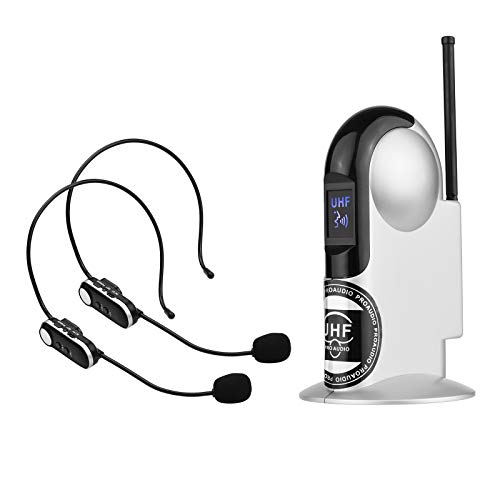 Tomshin Sistema de microfone sem fio UHF com fone de ouvido duplo e receptor com cabo de áudio de 6,35 mm para ensino de transmissão de entrevista por vídeo