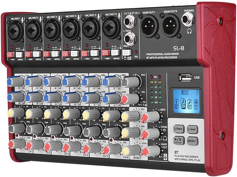 Tomshin SL-8 Portátil Mixing Console de 8 Canais Mixer EQ de 2 bandas Phantom Power 48V Integrado Suporta Conexão BT USB MP3 Player para Gravação DJ Network Transmissão ao Vivo de Karaokê
