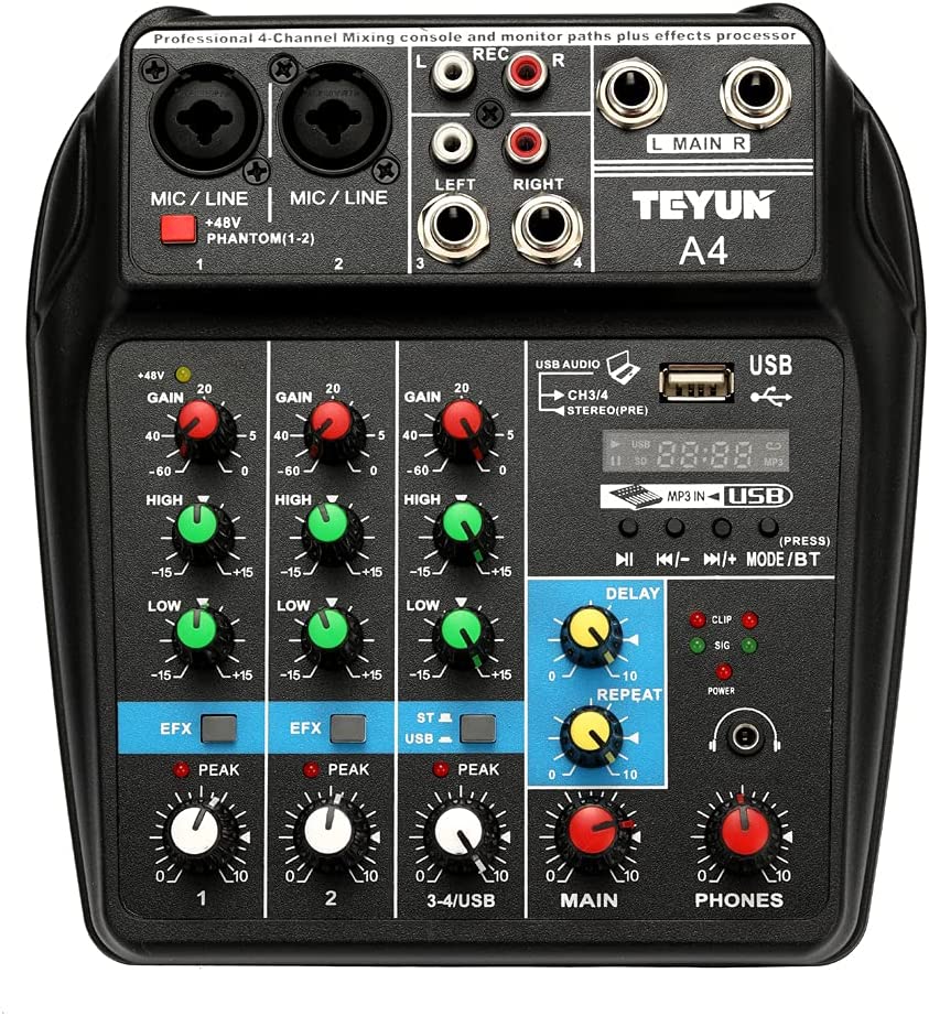 Tomshin TU04 BT Sound Mixing Console Record 48V Phantom Power Monitor AUX Paths Plus Effects 4 canais Mixer de áudio com USB