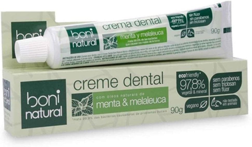 Boni Natural - Creme Dental com óleos naturais de Menta e Melaleuca Vegano e Natural, Sem Flúor, Sem Triclosan, Branco