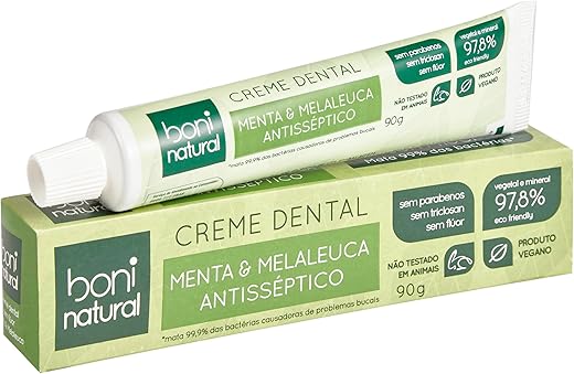 Creme Dental com óleos naturais de Menta e Melaleuca Vegano e Natural, Sem Flúor, Sem Triclosan, Boni Natural, Branco