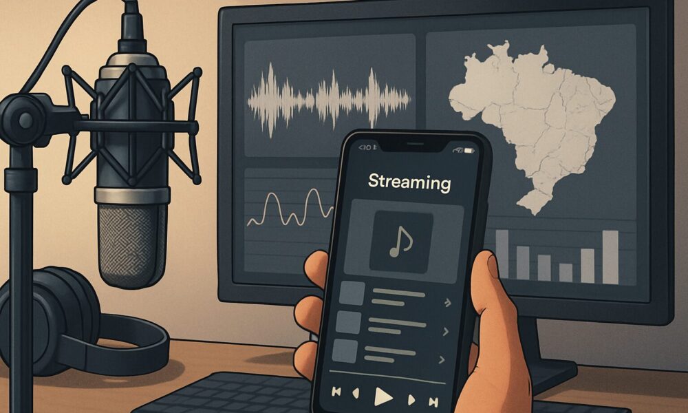 artista acompanhando repasses de streaming em um celular e notebook.