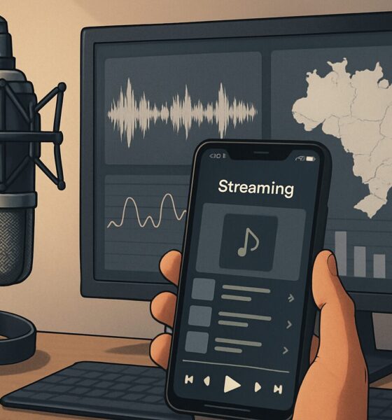 artista acompanhando repasses de streaming em um celular e notebook.