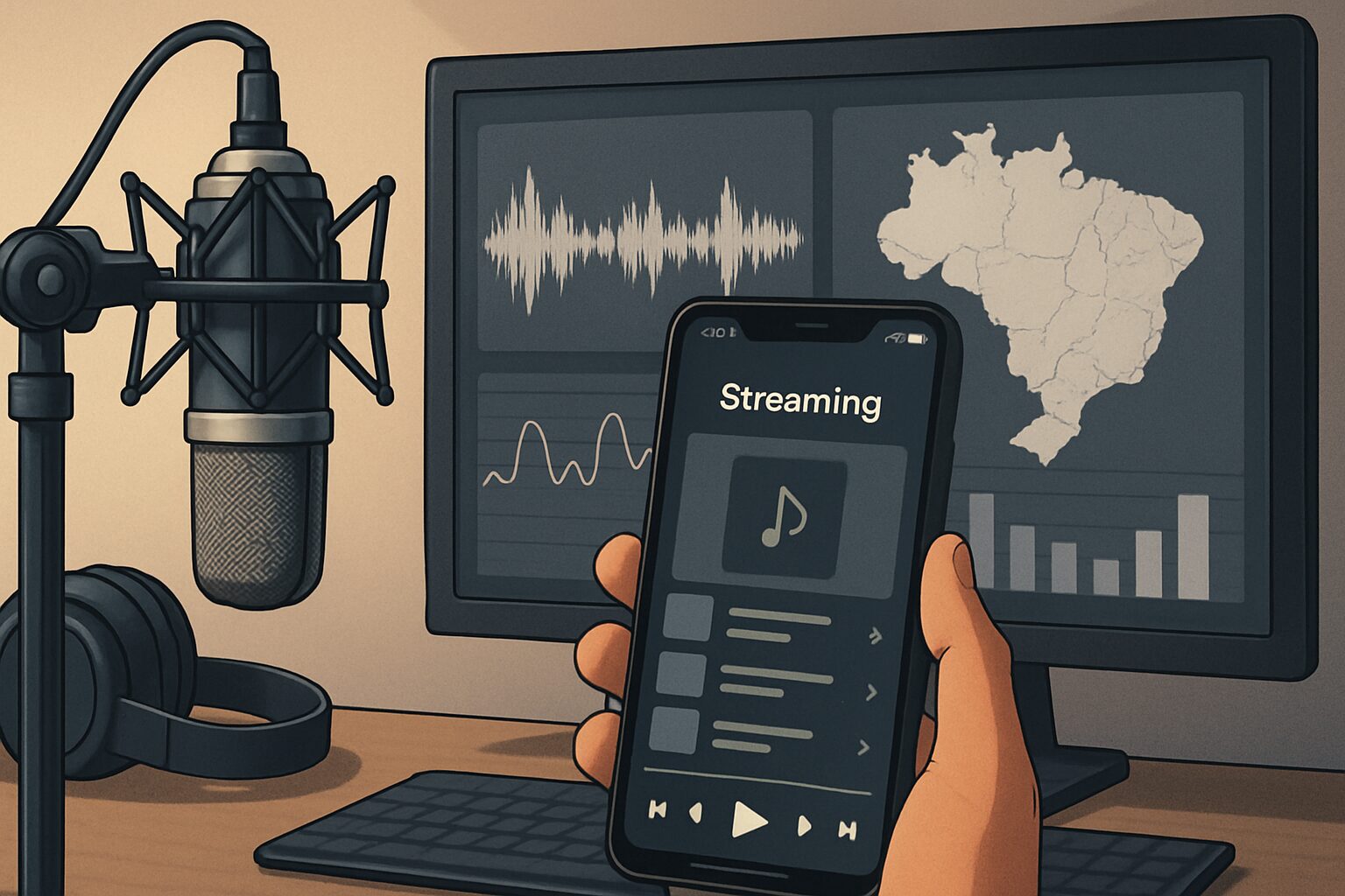 artista acompanhando repasses de streaming em um celular e notebook.