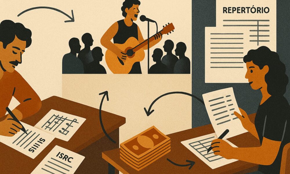 Ilustração sobre Ecad no Brasil, licenciamento de execução pública e repasse de direitos musicais