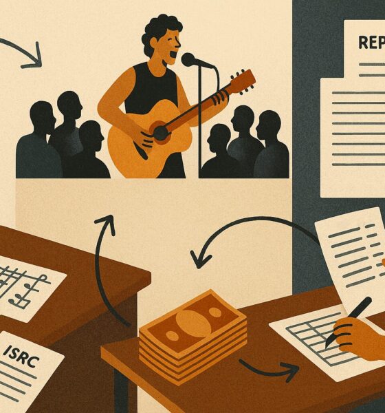 Ilustração sobre Ecad no Brasil, licenciamento de execução pública e repasse de direitos musicais