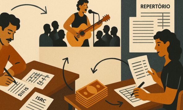 Ilustração sobre Ecad no Brasil, licenciamento de execução pública e repasse de direitos musicais