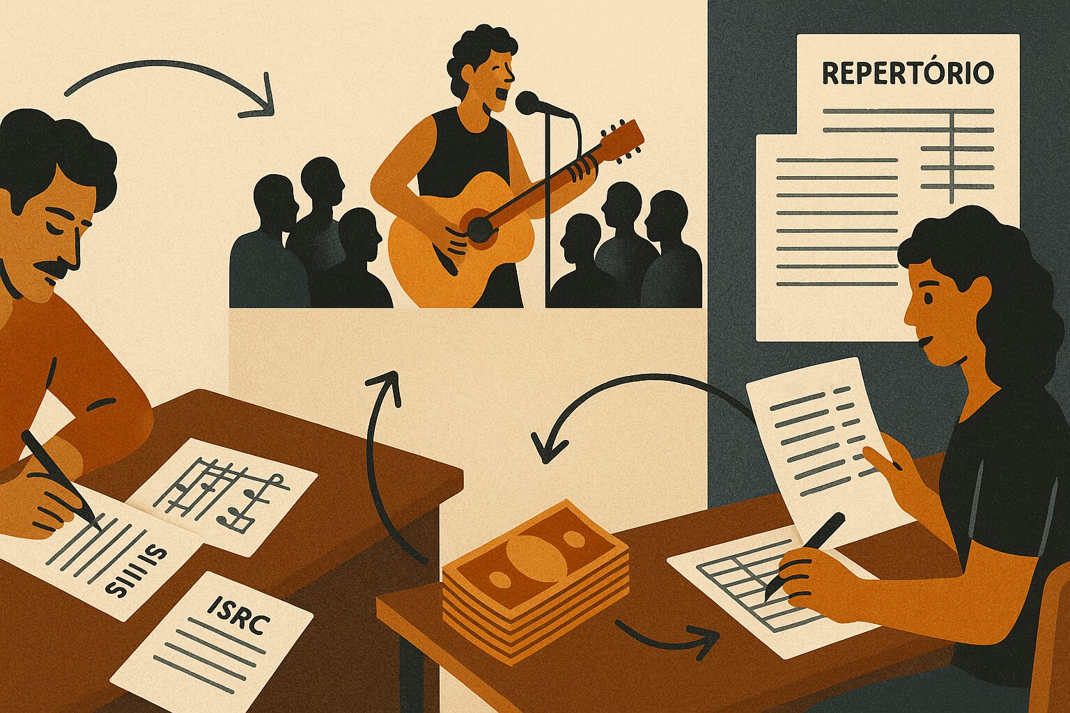Ilustração sobre Ecad no Brasil, licenciamento de execução pública e repasse de direitos musicais