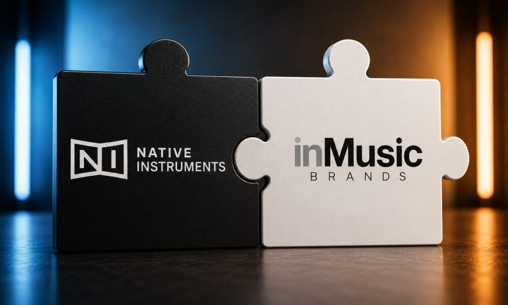 Logos da Native Instruments e da inMusic Brands em peças de quebra-cabeça encaixadas, ilustrando a aquisição assinada em maio de 2026.