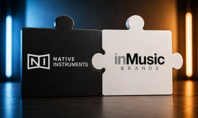 Logos da Native Instruments e da inMusic Brands em peças de quebra-cabeça encaixadas, ilustrando a aquisição assinada em maio de 2026.