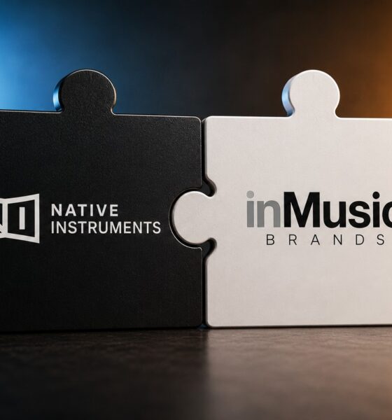 Logos da Native Instruments e da inMusic Brands em peças de quebra-cabeça encaixadas, ilustrando a aquisição assinada em maio de 2026.