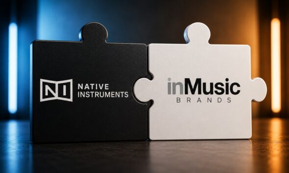 Logos da Native Instruments e da inMusic Brands em peças de quebra-cabeça encaixadas, ilustrando a aquisição assinada em maio de 2026.