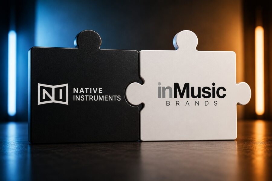 Logos da Native Instruments e da inMusic Brands em peças de quebra-cabeça encaixadas, ilustrando a aquisição assinada em maio de 2026.