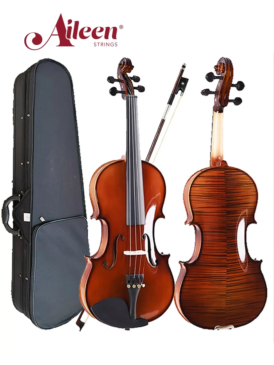 Kit de violino Aileen VG106U, com estojo, arco e vista frontal e traseira do instrumento