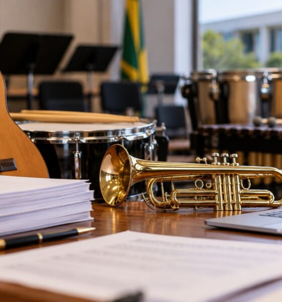 Violão, trompete, percussão e documentos ilustram licitações de instrumentos musicais