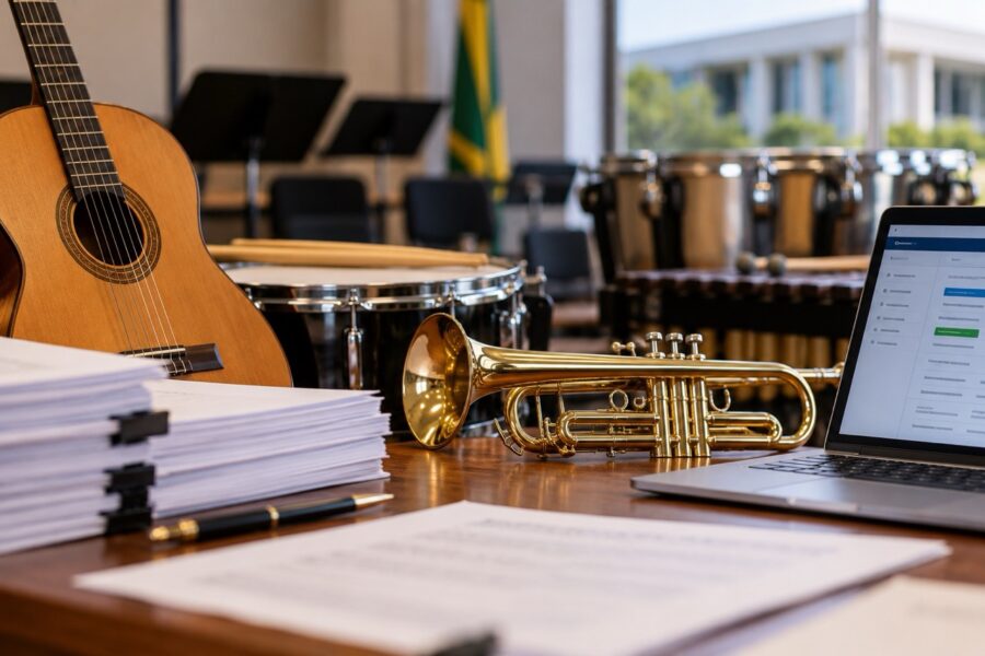 Violão, trompete, percussão e documentos ilustram licitações de instrumentos musicais
