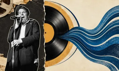 Colagem de Robert Palmer cantando, com fita de gravação e disco de vinil cujos sulcos se transformam em ondas azuis