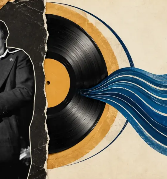 Colagem de Robert Palmer cantando, com fita de gravação e disco de vinil cujos sulcos se transformam em ondas azuis