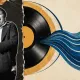 Colagem de Robert Palmer cantando, com fita de gravação e disco de vinil cujos sulcos se transformam em ondas azuis