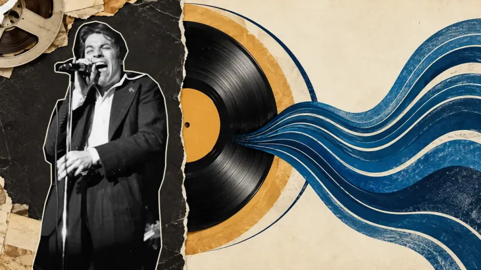 Colagem de Robert Palmer cantando, com fita de gravação e disco de vinil cujos sulcos se transformam em ondas azuis
