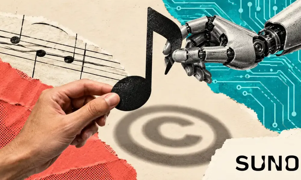 Mão humana e mão robótica seguram a mesma nota musical, com sombra em forma de copyright e logotipo do Suno