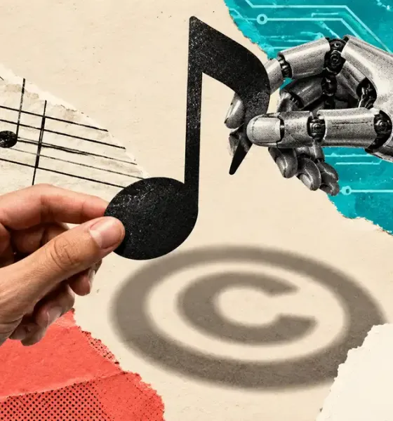 Mão humana e mão robótica seguram a mesma nota musical, com sombra em forma de copyright e logotipo do Suno