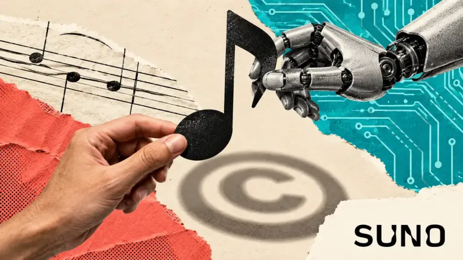 Mão humana e mão robótica seguram a mesma nota musical, com sombra em forma de copyright e logotipo do Suno
